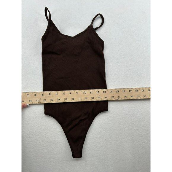 Sunday Best Brown Ribbed Seamless Bodysuit With Spaghetti Straps #6439 - Picture 5 of 7